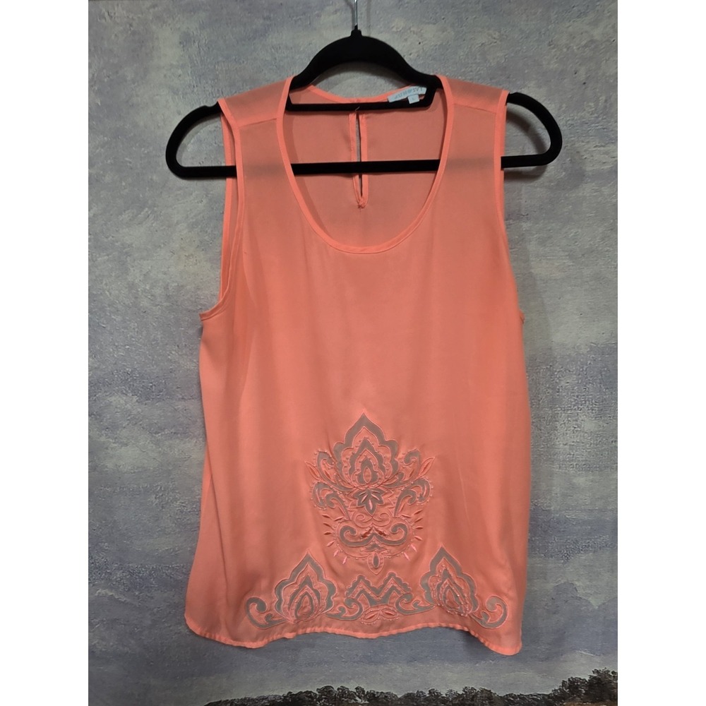 Jun & Ivy Coral Orange Embroidered Boho Tank Top Size Large